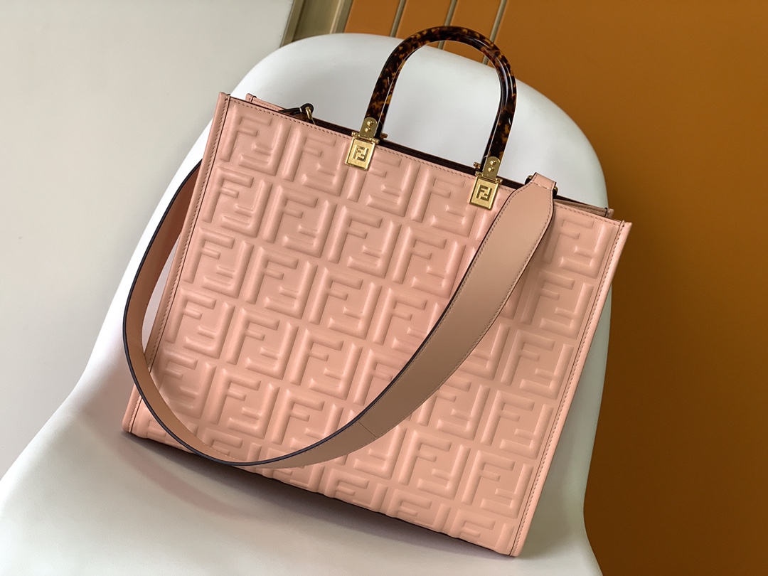 Fendi Medium Sunshine Shopper Pink Leather with Raised 3D-texture FF Motif 